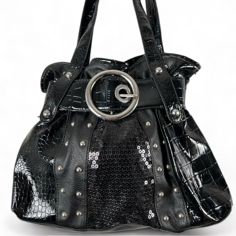 ATTENTION Black Vegan Leather Croc Sequins With Silver Accent Shoulder B…